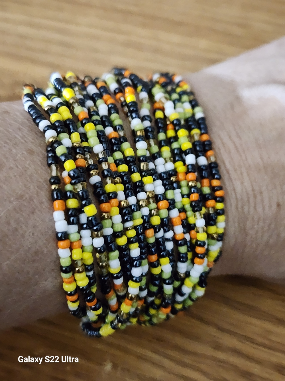 Handmade Multi-Strand Seed Bead Wrap Bracelet in Yellow, Black, White & Orange
